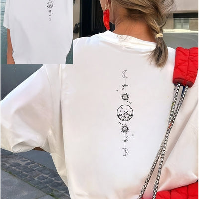 Women's Black & White Celestial Print Short Sleeve T-Shirt - Front & Back Moon & Stars Graphic, Medium Stretch Round Neck Casual Top, Machine Washable All-Season Comfort Fit, Everyday Top | Stylish Back Print | Quality Casual