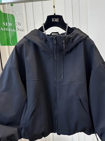Women'S Casual Hooded Jacket with Double Zipper Front, Loose Fit, Long Sleeves, Solid Color, Non-Stretch Fabric, Drop Shoulder Design, Perfect for Spring/Summer/Fall, Autumn Casual Wear | Relaxed Fit Jacket | Nonstretch Fabri