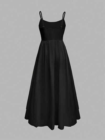 Women's Floor-Length/Short Length Sleeveless A-Line Maxi/Mini Floor-Length Evening Gown - Solid Black Floor-Length Party Wedding Gala Evening Dress with A-Line Silhouette, Smooth Texture & Clear Strap Neckline, Machine Washab