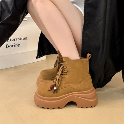 Women's Faux Cover Faux Fur-like Texture Boots - Chunky Low Heel Mule Ankle Boots with Lace-Up & Buckle Closure, Round Toe Fitted Heel, Beige/Tan/Black/White/Gray/Blue/Green/Pink/Red/Brown - Retro Chunky Lace-Up Boots for Wom