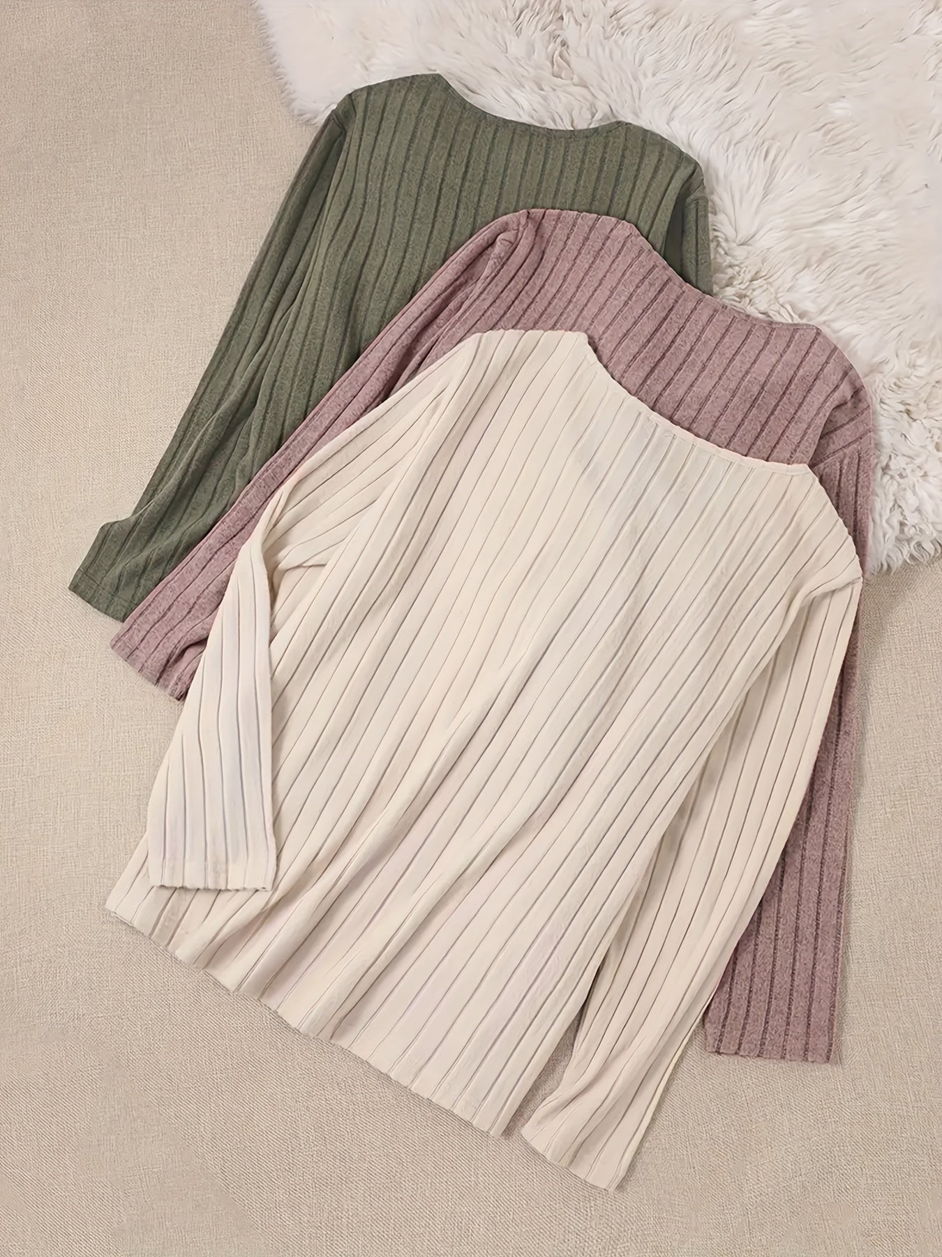 [3pcs] Ribbed Long Sleeve Casual T-Shirt Set