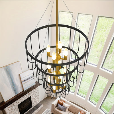 18 Inch Farmhouse Chandelier - 12-Light Adjustable Tiered Pendant Light Fixture, Black & Golden Modern Rust-Resistant Metal Lantern for Entryway, Staircase, Foyer, Dining Room - Semi-Flush Mount, E12 Bulb Compatible (Bulbs No