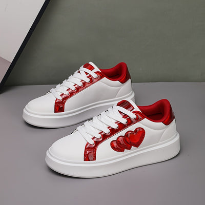 Casual Flat White Shoes, Versatile Korean Style for All Seasons, Harajuku Student Heart-Shaped Lace-Up Sneakers, Fashionable Lightweight Women'S Shoes, New Thick-Soled Platform Shoes.