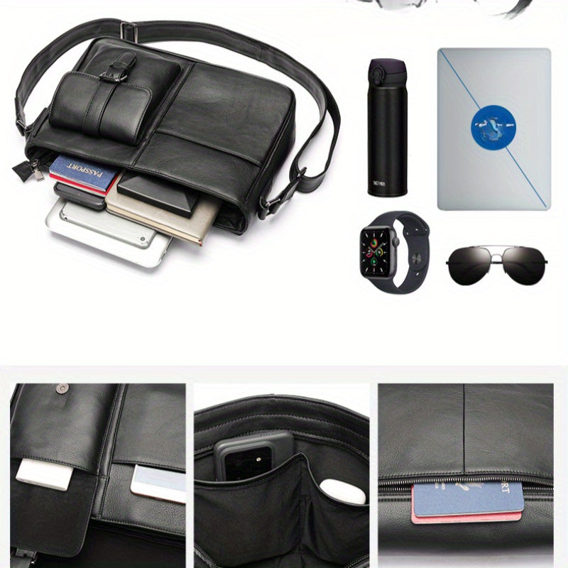 Genuine Leather Unisex Crossbody Messenger Bag - Sleek Minimalist Design with Adjustable Strap, Multiple Compartments & Metal Hardware, Black for Men & Women, Casual & Professional Use, Versatile Travel Purse | Korean Fashion