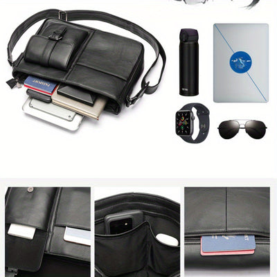 Genuine Leather Unisex Crossbody Messenger Bag - Sleek Minimalist Design with Adjustable Strap, Multiple Compartments & Metal Hardware, Black for Men & Women, Casual & Professional Use, Versatile Travel Purse | Korean Fashion