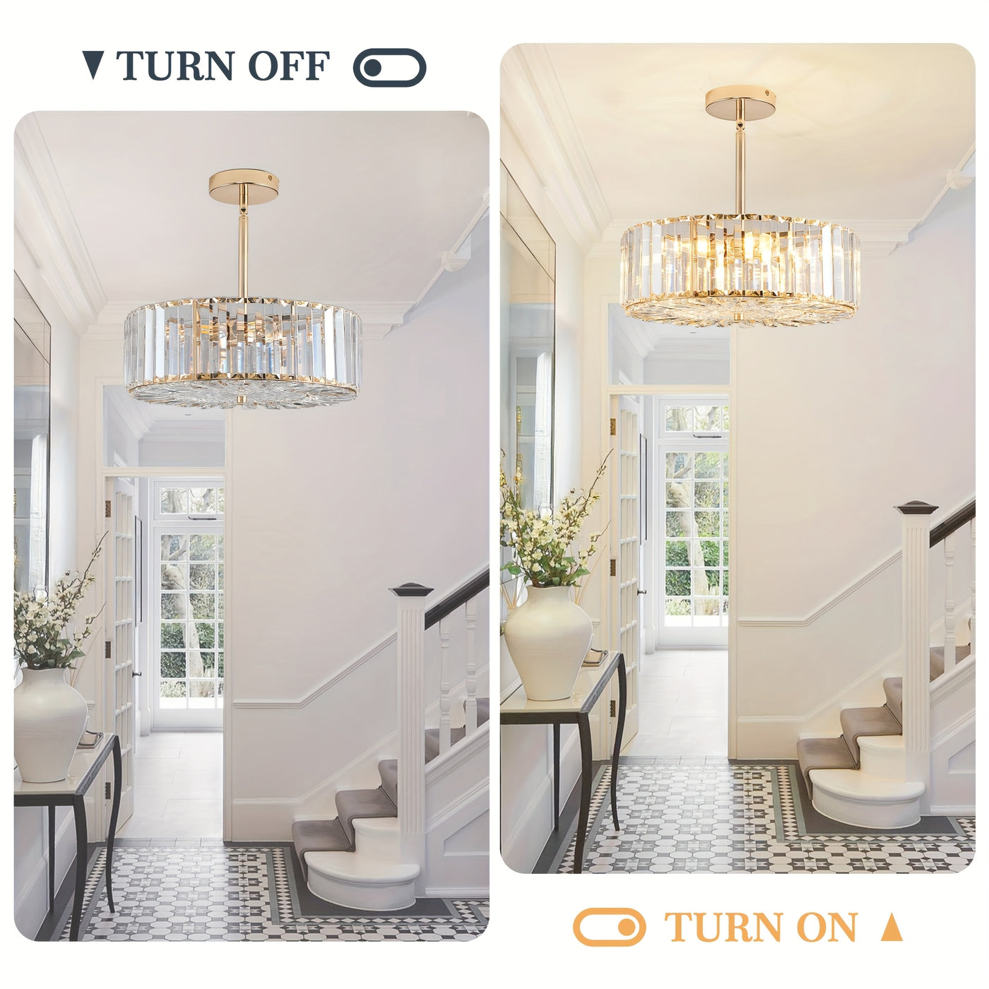Golden Crystal Chandelier For Dining Room, 4-Light Modern Semi Flush Mount Chandelier Lighting Fixtures, Round Kitchen Hanging Drum Pendant Lights Ceiling For Bedroom Entryway Foyer, 15 Inch