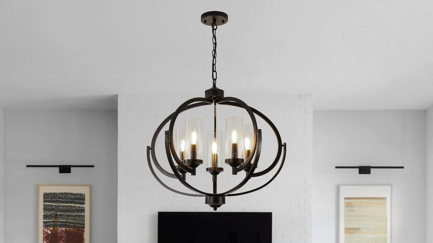 5-Light Black And Golden Chandelier, 24" Farmhouse Dining Room Light Fixture, Adjustable Hanging Ceiling Lantern Pendant Light, with Glass Shade Globe Chandeliers, for Kitchen, Bedroom, Foyer, Chandelier For Dining Room, Chan