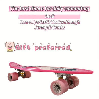 Pink Floral Mini Cruiser Skateboard - 23.6" Single Handle, Beginner-Friendly, Portable Fish Board Design with Vibrant Flower Pattern, Ideal Holiday Gift for All Skill Levels, Gift Skateboard|Floral Skateboard|Polypropylene De