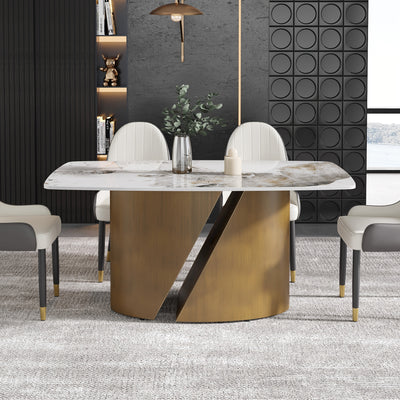 Modern Marble Dining Table for 6-8(Chairs Not Included), 63" White Rectangle Dining Table, Luxury Sintered Stone Dining Tabletop with Bronze Carbon Steel Pedestal Dinner Table for Kitchen Dining Room
