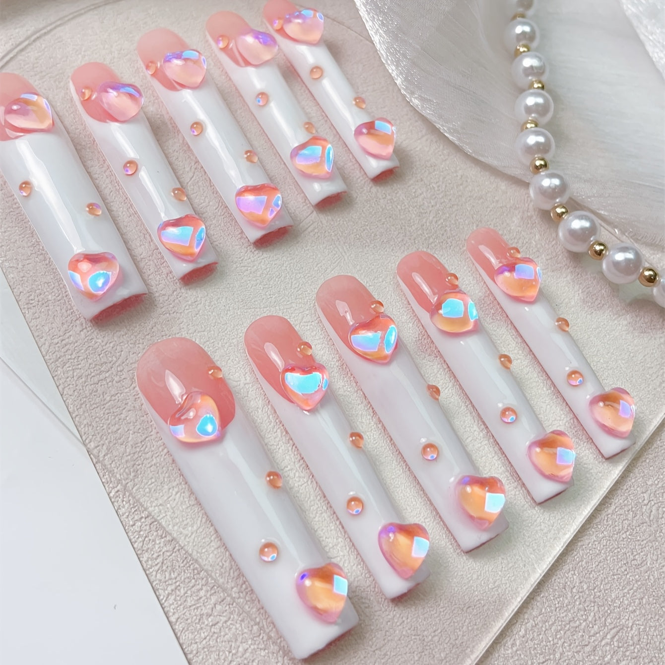 10pcs Super Long Square Press-On Nails, Pink & White Heart Design, Japanese/Korean/French Style, Elegant Minimalist, Pearlescent Finish, Chic Glossy Manicure Set