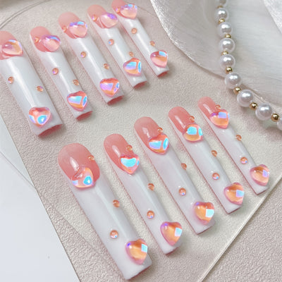 10pcs Super Long Square Press-On Nails, Pink & White Heart Design, Japanese/Korean/French Style, Elegant Minimalist, Pearlescent Finish, Chic Glossy Manicure Set