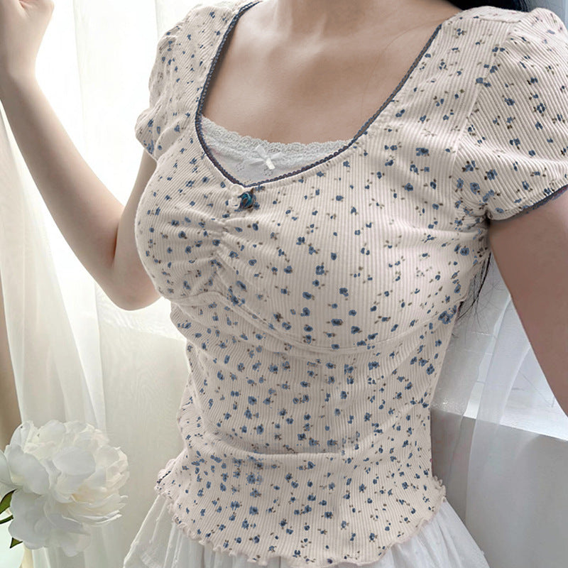 Lace Stitching Square Collar Pleated Bow Short Sleeve T-shirt