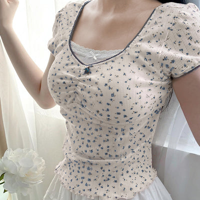 Lace Stitching Square Collar Pleated Bow Short Sleeve T-shirt