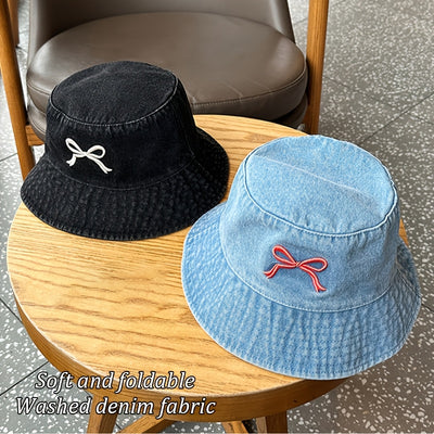 1pc - Korean Style Embroidered Bow Fisherman Hat for Spring And Summer Outings, Sun Protection, Denim Bucket Hat for Women, Casual And Versatile, Makes The Face Look Smaller.