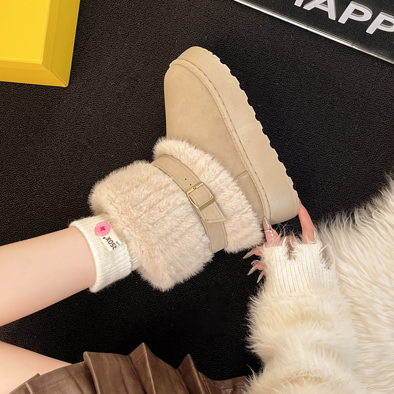 Women'S Winter Boots with Thick Non-Slip Sole - Beige/White Cold Weather Snow Boots, Cushioned Insole & Buckle Closure for Everyday & Formal Outfits - Warm Ankle Boots for Fall and Winter Seasons, Ladies Winter Boots, Plush L