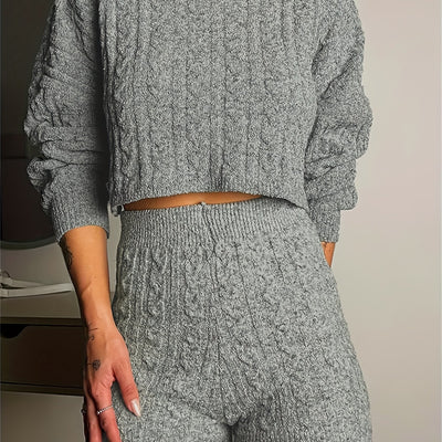 A Two-Piece Set Featuring a Round-Neck Long-Sleeve Cable- Cropped Sweater And High-Waisted Shorts for .