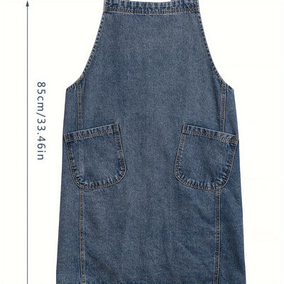1pc Japanese Korean Style Pure Cotton Canvas Denim Apron, Washable Kitchen Bib, Workwear, Kitchen Apron With Front Pockets, Kitchen Supplies