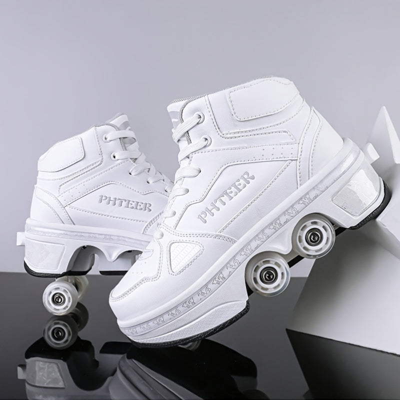 Unisex Roller Skates for Adults & Teens - 4-Wheel Retractable Design, White & Black Checkered Pattern, Synthetic Synthetic Faux Upper, TPR Sole, Lace-Up Closure, All-Season Outdoor Sports & Casual Wear, Roller Skates for Adul