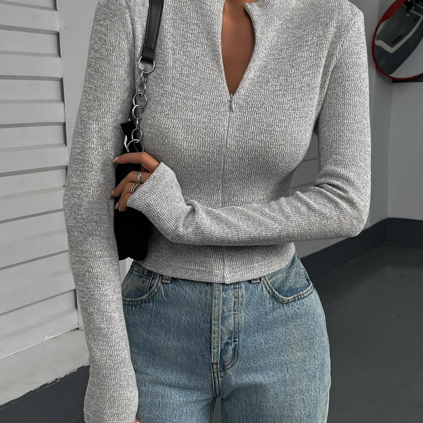 Women'S Elegant Long Sleeve Slim Fit T-Shirt, Polyester 100%, High Neck Solid Color Knit Fabric, Regular Length for Spring/Fall - 230g/m²