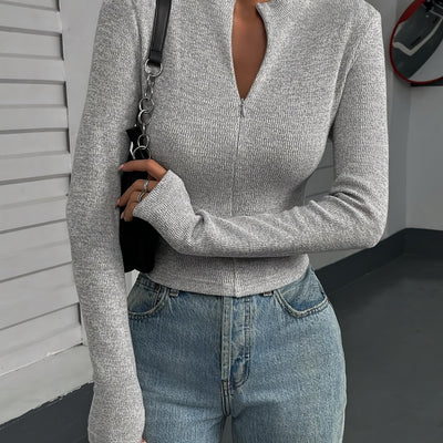 Women'S Elegant Long Sleeve Slim Fit T-Shirt, Polyester 100%, High Neck Solid Color Knit Fabric, Regular Length for Spring/Fall - 230g/m²