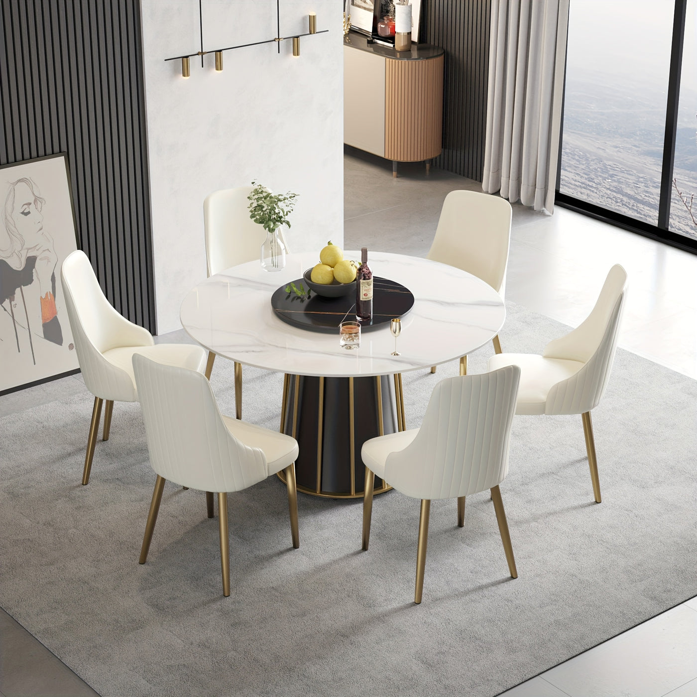 Round Dining Table - Marble Dining Room Table Round Kitchen Table for 4 to 6 (Dining Table Only, Chairs Not Included), Glossy Sintered Stone Tabletop with Metal Base Circle Dining Table for Kitchen