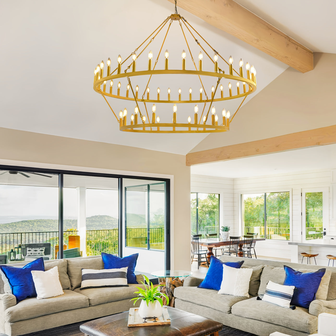 Modern Farmhouse Chandelier 2 Tier Round Wheel Chandelier Large High Ceiling Light.