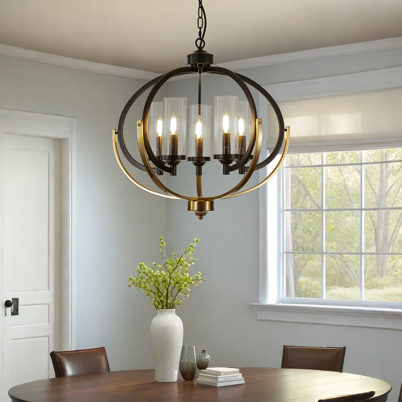 5-Light Black And Golden Chandelier, 24" Farmhouse Dining Room Light Fixture, Adjustable Hanging Ceiling Lantern Pendant Light, with Glass Shade Globe Chandeliers, for Kitchen, Bedroom, Foyer, Chandelier For Dining Room, Chan