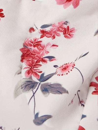 Elegant Off-Shoulder Floral Print Dress with Red Bow Straps