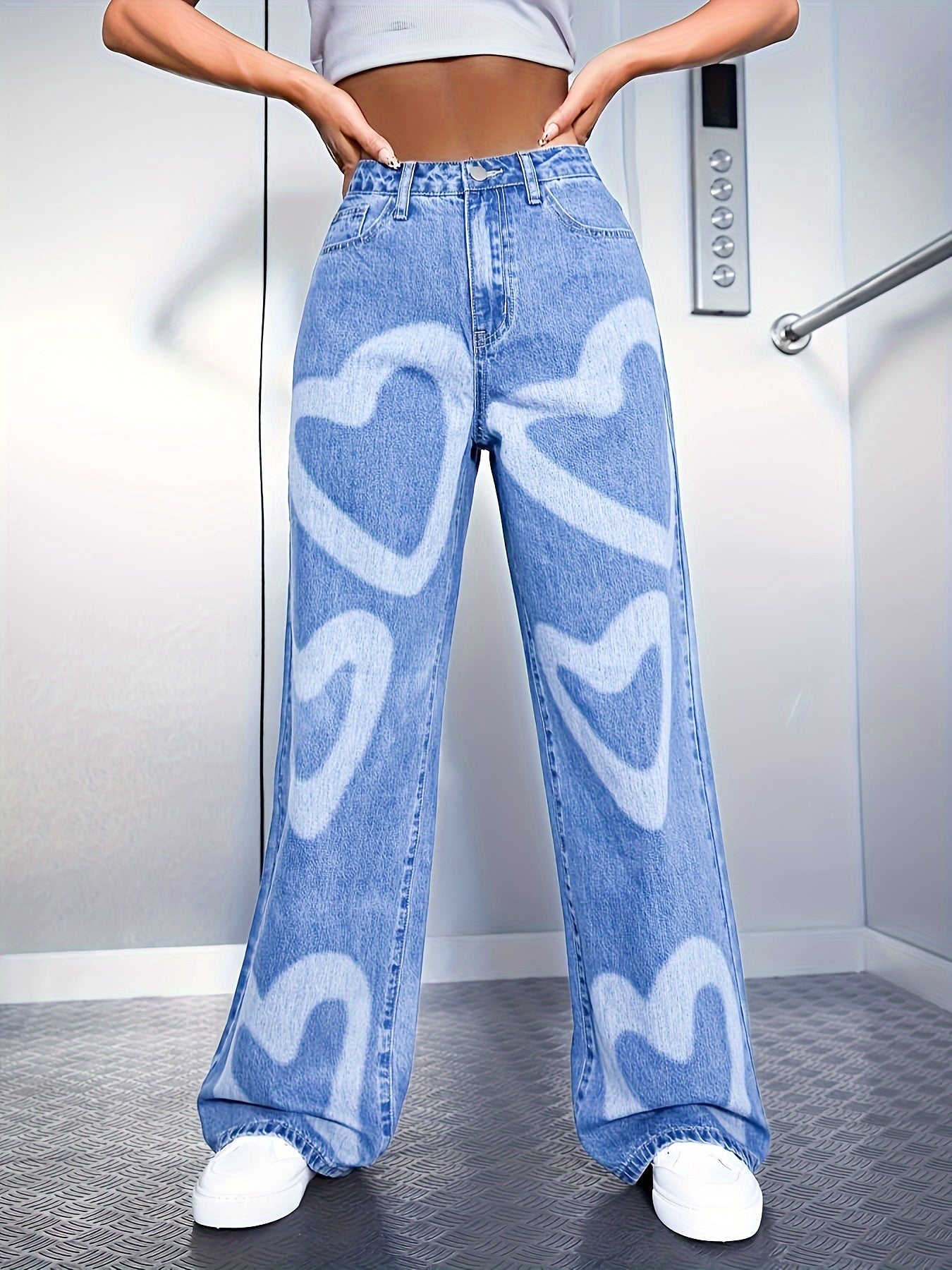 Printed Heart Fashion High Waist Korean Version Straight Leg Casual Loose Wide Leg Denim Pants Cute Christmas Gift Cool