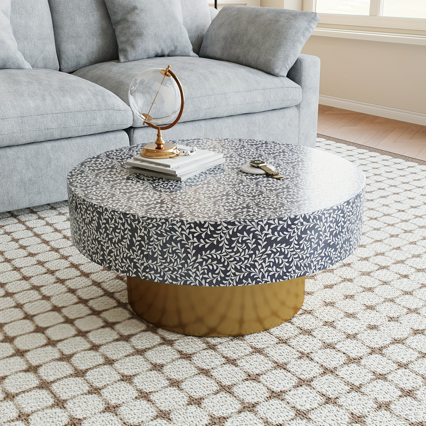32.5" Round Coffee Table with 2 Large Drawers - Mid-Century Modern Living Room Center Table, Heavy-Duty Metal Construction, Easy Assembly, Golden Accent base for Small Spaces, Apartments, Offices - Space-Saving Storage Organi