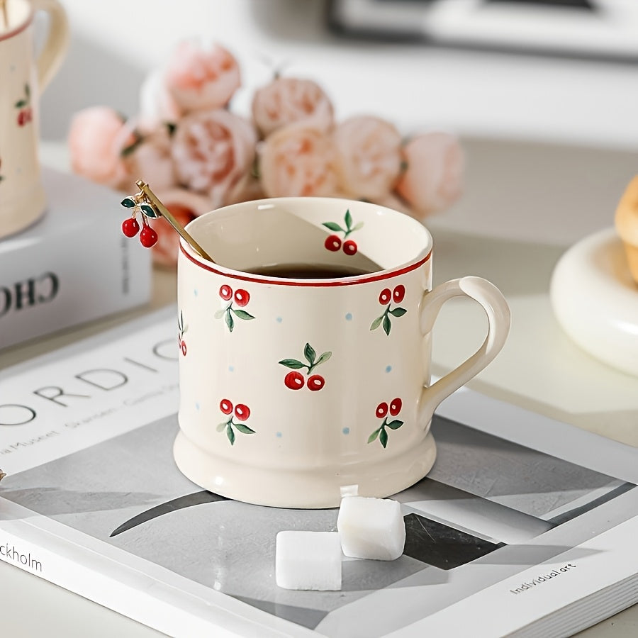 1pc Cute Korean-Style Cherry Ceramic Mug - Vibrant Red Cherry & Green Leaf Design, White with Blue Dots Background - Perfect for Coffee, Tea, Milk, and Afternoon Tea - Handwash Only, Reusable & High-Quality Gift Cup for Home,