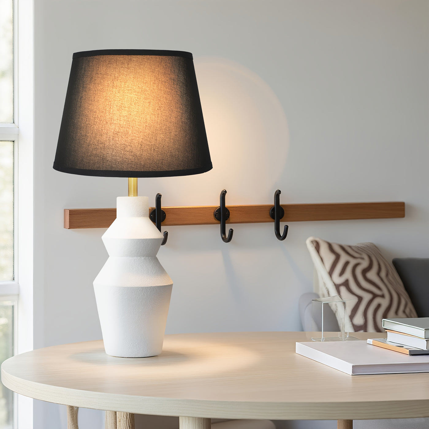 Modern Farmhouse Table Lamp with White Cement Base & Black Linen Shade - Rustic Single Bedside Lamp with Switch, Sturdy for Bedroom, Living Room, Office - Compatible with E27 (Bulb Not Included) - Ideal Housewarming Gift, Min