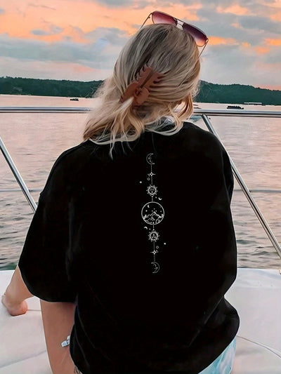 Women's Black & White Celestial Print Short Sleeve T-Shirt - Front & Back Moon & Stars Graphic, Medium Stretch Round Neck Casual Top, Machine Washable All-Season Comfort Fit, Everyday Top | Stylish Back Print | Quality Casual