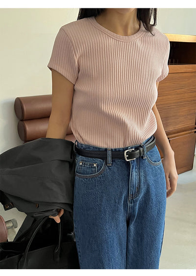 Women's Summer Round Neck Texture Short Sleeve T-shirt Top