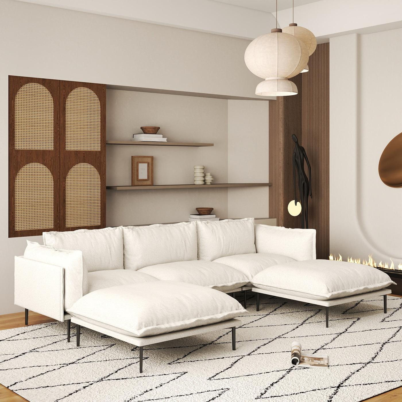 Modern Minimalist Upholstered Couches, U Shape Cloud Modular Sectional Sofa with 2 Ottoman, Comfort Deep Seat U Shaped Couch for Living Room