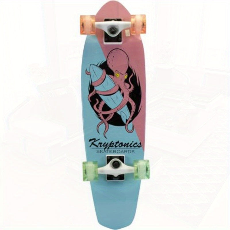 Skateboard with Durable Maple Deck & Smooth Urethane Wheels - Lightweight All-Skill Board for Beginners & Experts, Pastel Blue & Pink Octopus Graphic Design, White Trucks & Green Bearings - Ideal for Cruising, Tricks, Smooth