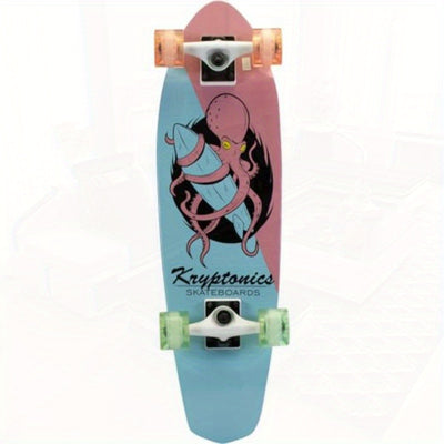 Skateboard with Durable Maple Deck & Smooth Urethane Wheels - Lightweight All-Skill Board for Beginners & Experts, Pastel Blue & Pink Octopus Graphic Design, White Trucks & Green Bearings - Ideal for Cruising, Tricks, Smooth