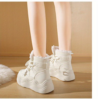 2024 Winter Fleece-Lined White Sneakers - Korean Style Insulated Women'S High-Top Lace-Up Shoes, Thick-Soled Casual & Sports Shoes with PU Upper, Rubber Sole, and Breathable Fabric Lining for Cold Weather Comfort, Casual Foot