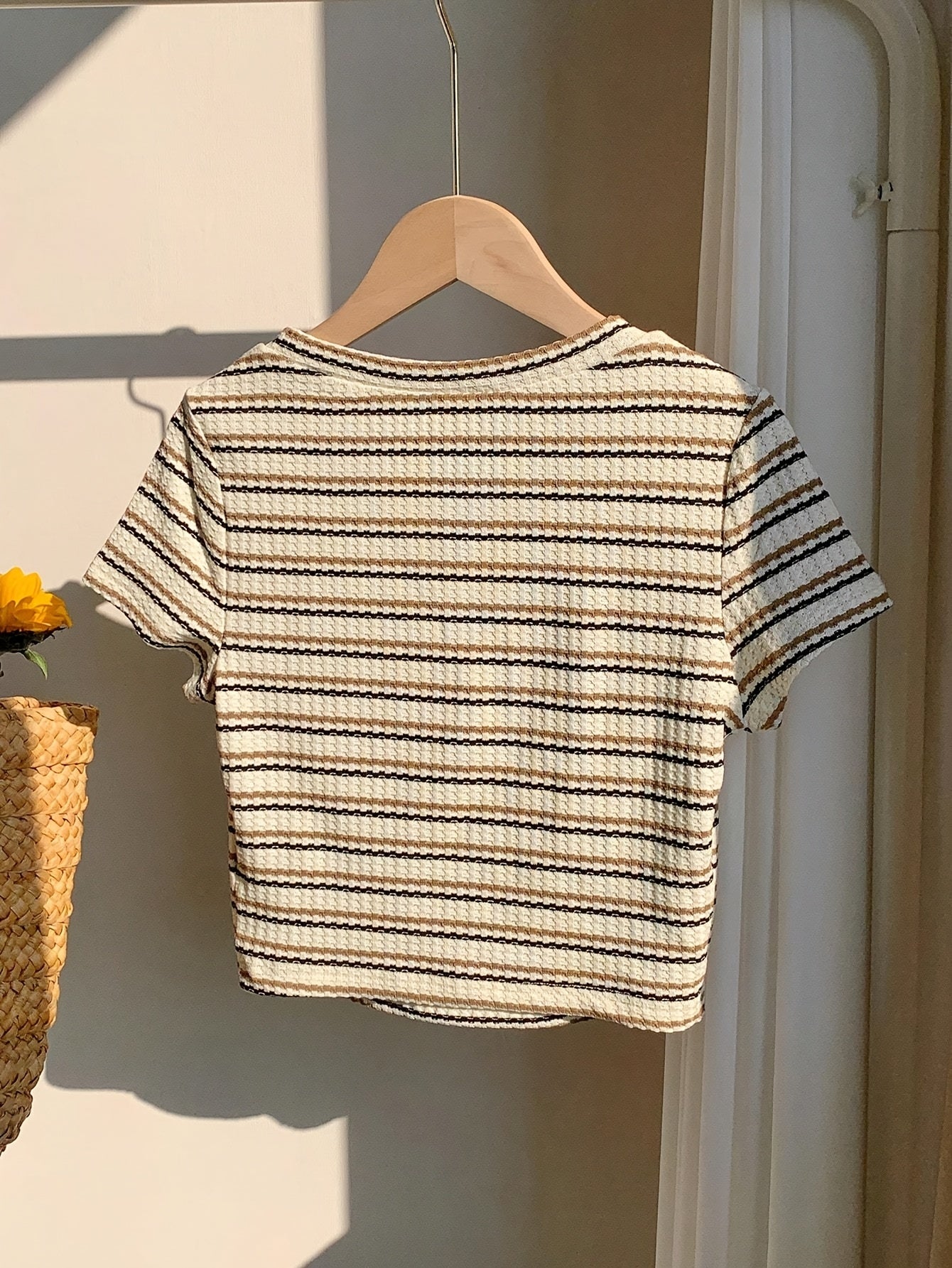Women's Elegant Striped Casual T-Shirt - & Beige Horizontal Stripes, Medium Stretch, Machine Washable, All-Season Versatile Top for Casual Attire, Ladies T Shirts, Mediumstretch Material, Nontransparent Fabric