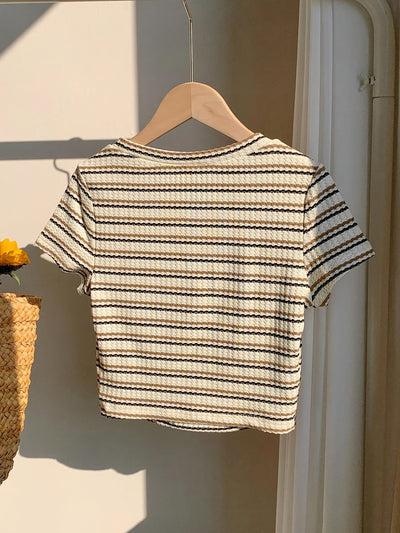 Women's Elegant Striped Casual T-Shirt - & Beige Horizontal Stripes, Medium Stretch, Machine Washable, All-Season Versatile Top for Casual Attire, Ladies T Shirts, Mediumstretch Material, Nontransparent Fabric