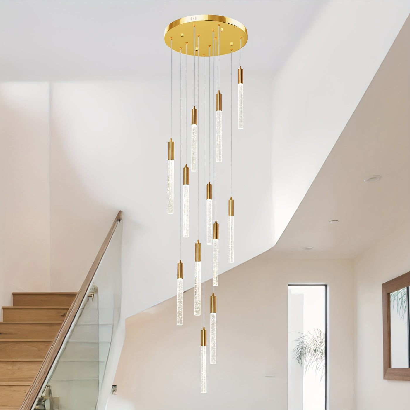 Modern Chandelier, 118" Long LED Crystal Chandeliers, Flush Mount Ceilings Pendant Light Fixtures, Staircase Chandeliers For High Ceilings, Farmhouse For Foyer