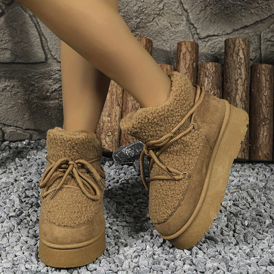 [Coldweather Ready] Women's Cozy Fleece-Lined Winter Snow Boots - Stylish Thick Sole Lace-Up Ankle Boots with Fluffy Fur Trim, Perfect for Cold Weather, Winter Boots
