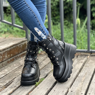 Women'S Chunky Heel Ankle Boots - Black Faux Cover Lace-Up with Metallic Buckle Straps, Round Toe & Thick Sole for Casual & Formal Outfits, High Heel Boots, Formal Footwear, Durable Footwear
