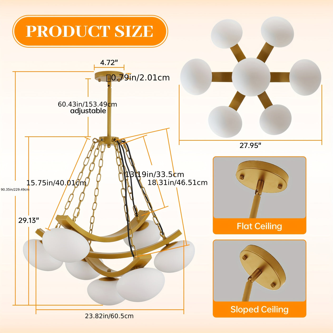7-Light Golden Modern Sputnik Chandelier, Mid Century for Dining Room Light Fixtures Over Table, Adjustable Hanging Ceiling Light Fixture with Globe Glass Shades for Kitchen Island Living Room Bedroom, Dining Table Light, Cha