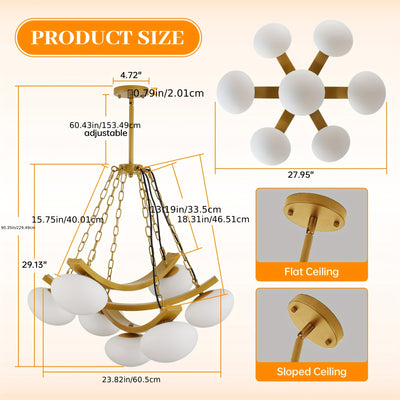7-Light Golden Modern Sputnik Chandelier, Mid Century for Dining Room Light Fixtures Over Table, Adjustable Hanging Ceiling Light Fixture with Globe Glass Shades for Kitchen Island Living Room Bedroom, Dining Table Light, Cha