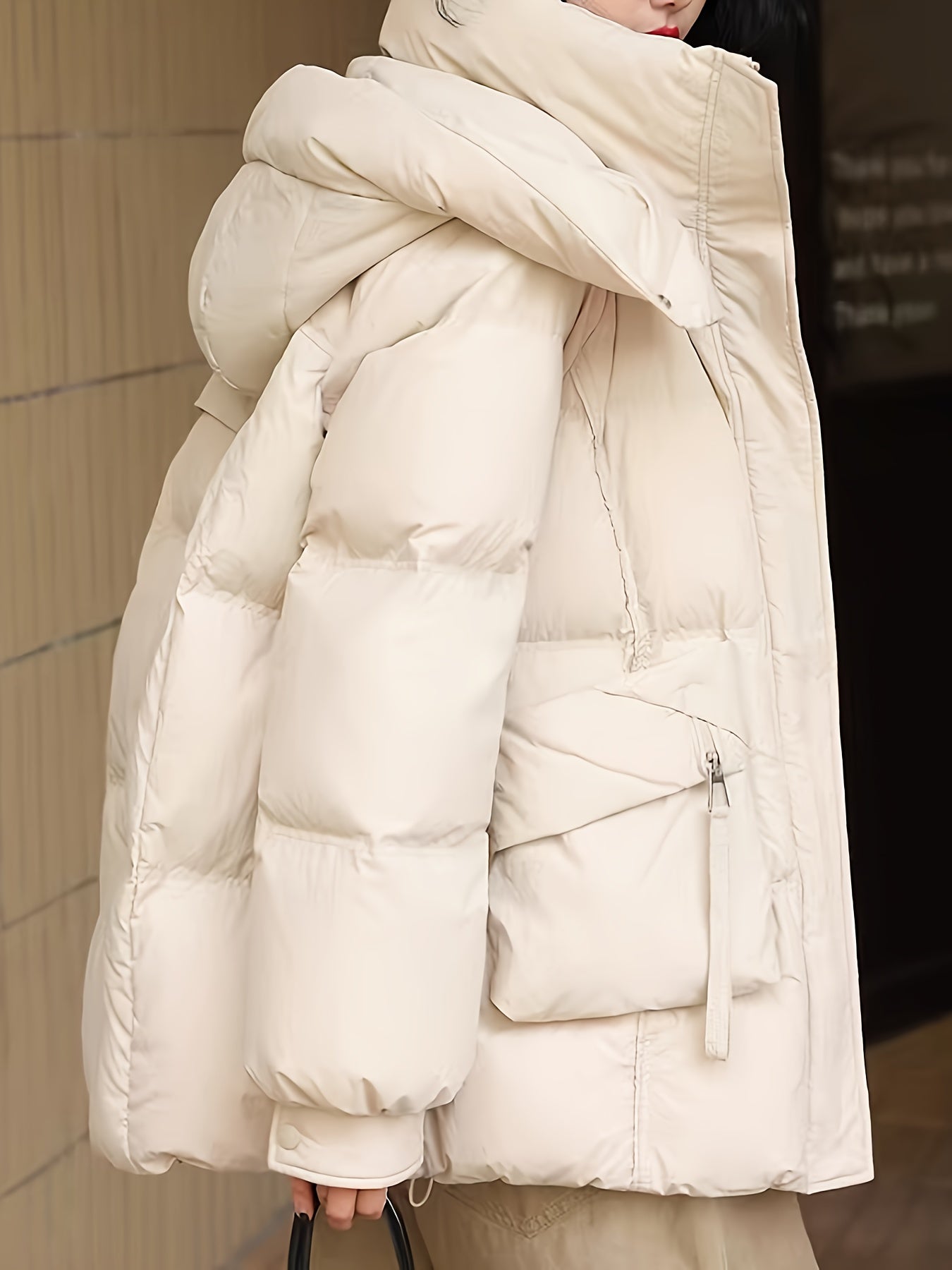 Women's Fashion Korean Style Mid-Length Puffer Coat, Thickened Warmth with Hood, Solid Color, Non-Stretch Polyester, Casual Loose Fit, Long Sleeve, Zipper Front, 180g Down, Winter Outerwear