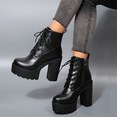 Women'S Chunky Heel Ankle Boots - Black PU Cover with Lace-Up Front & Side Zipper, Round Toe, Thick Sole for Stability, Versatile for Casual & Formal Outfits, High Heel Boots, Stability Footwear, Durable Tpr Sole
