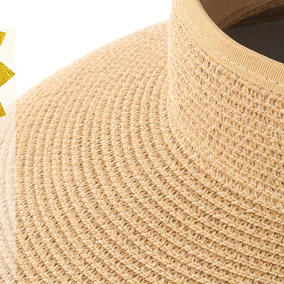 Women'S Summer Sun Hat with Open Top - Wide Brim, Elastic, Breathable Fabric, UV Protection, Foldable & Portable, Korean Fashion, No Feathers, Weave Craftsmanship