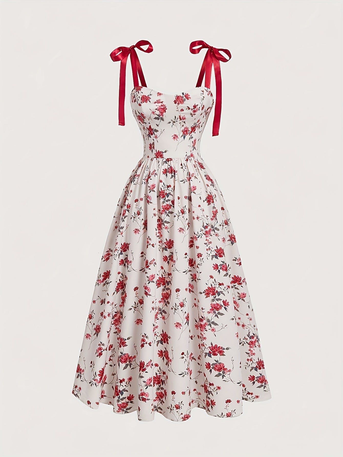 Elegant Off-Shoulder Floral Print Dress with Red Bow Straps