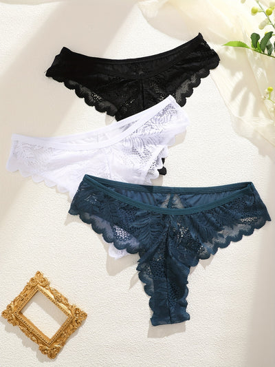 3pcs Women's Lace Trim Sexy Sheer Thong Set, Intimate Wear, Thong Collection, Feminine Lingerie, Elegant Thongs, Soft Lace, Comfortable Fit, Vstring Panties, Lowrise Underwear, Sensual Undergarments, Lingerie Lovers